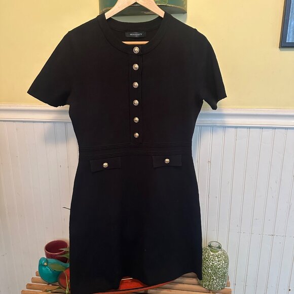 Black Short Sleeve Knit Button-Front Dress With Waist Detail & Pockets - Picture 1 of 10